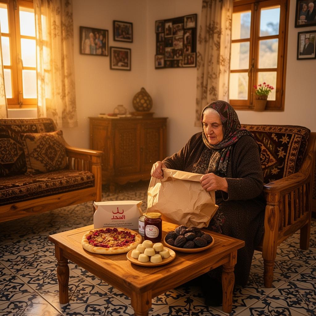 A grandmother joyfully opening a brown paper package at her doorstep